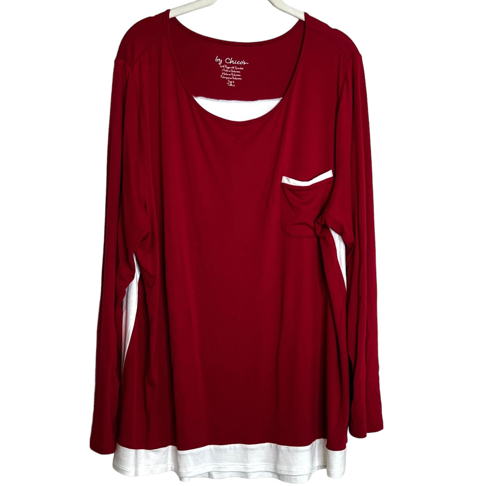 By Chicos Womens Long Sleeve Tee XL Red Front White Back and Hem Rayon Spandex